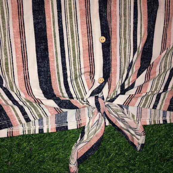 Women's Striped Button Up Tie Front Blouse - Picture 3 of 3